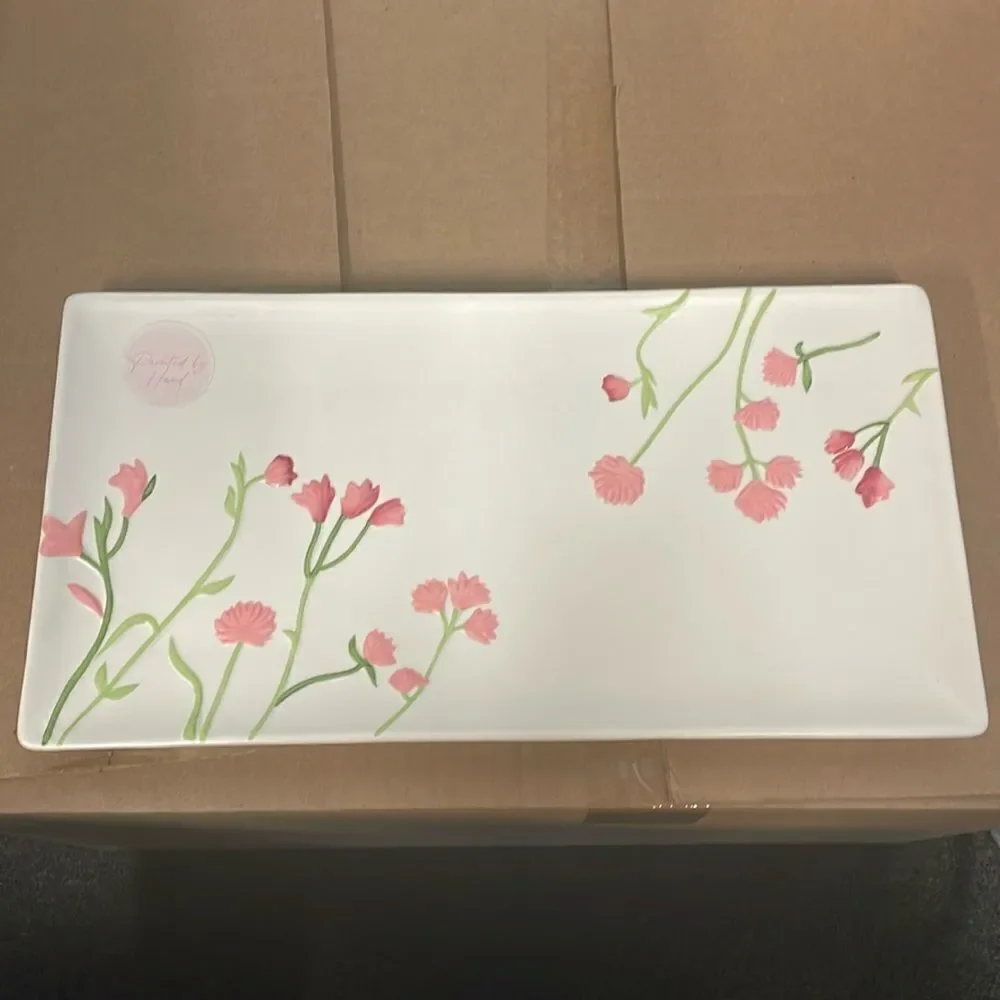 New ceramic hand painted pink flower rectangular platter decorative serving tray